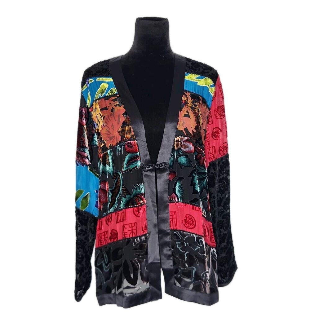 Chicos Patchwork Kimono Jacket Silk Blend Velvet Burnout Art To Wear Size 2 / L